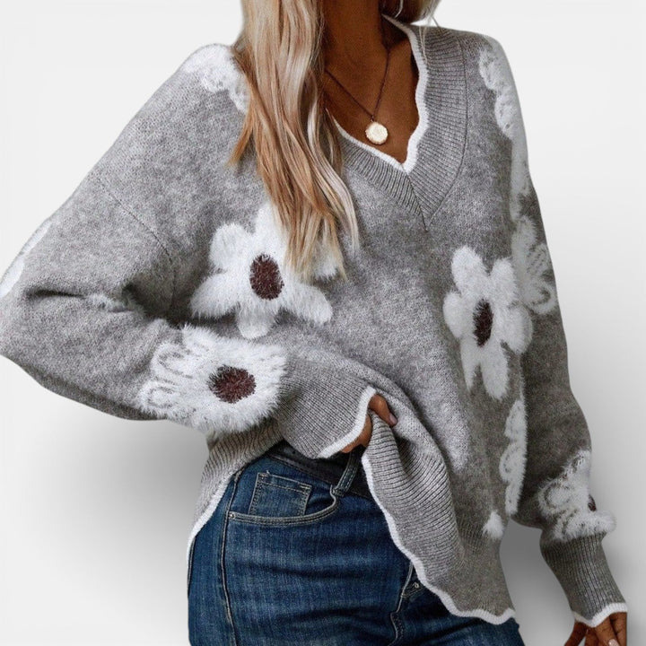 THEA | ELEGANT V-NECK FLORAL SWEATER