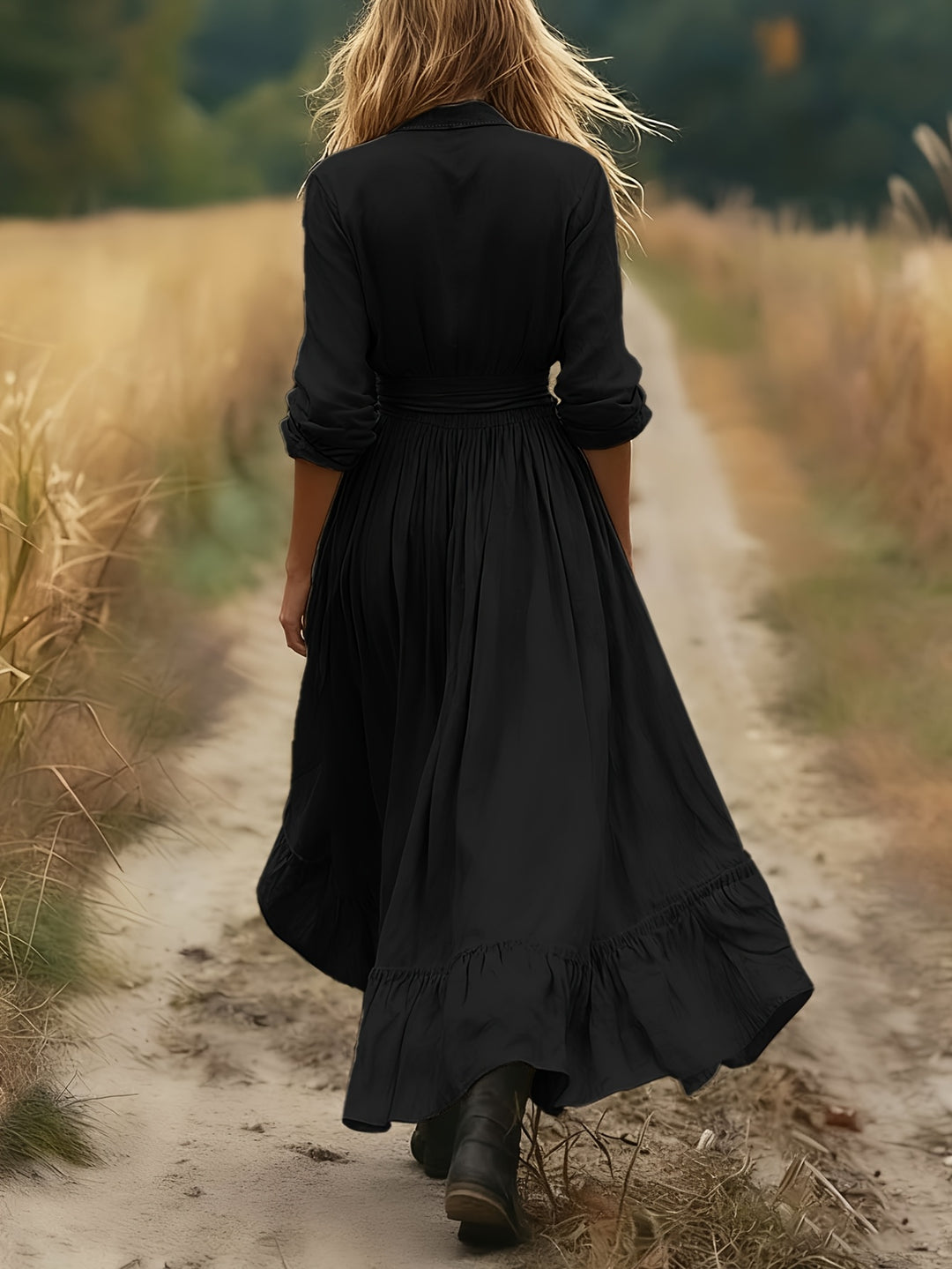 Lente Nieuwe Aanwinsten: Puur Elegante Landelijke Casual Relaxed Bosstijl Effen Kleur Kraag Cardigan Lange Mouwen A-Lijn Gerimpelde Lange Jurk voor Vrouwen