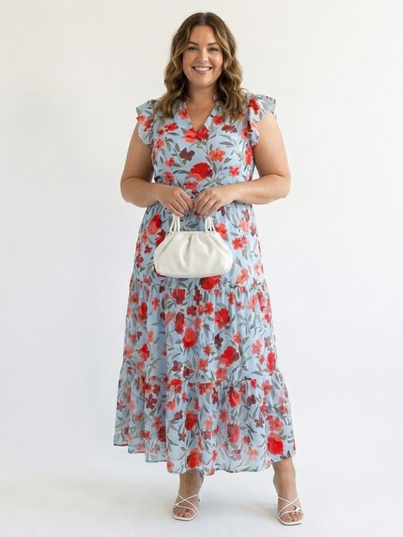 LILA | FLORAL V-NECK TIERED MIDI DRESS