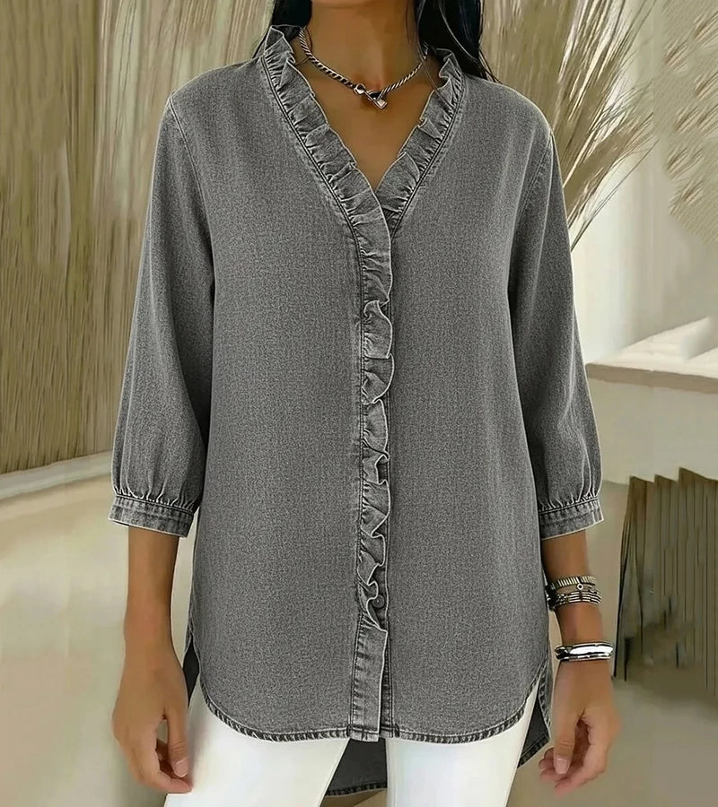 Adele | Fluid denim blouse with V-neck and ruffles