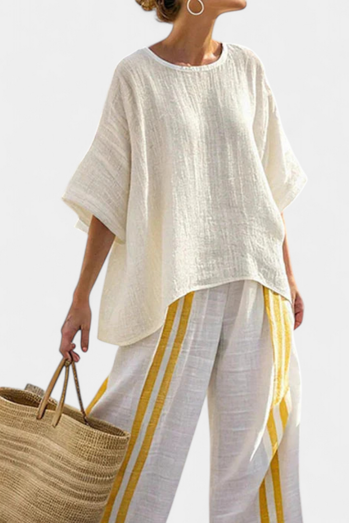 Anselor | Elegant Yellow Striped Linen Top & Wide-Leg Pants