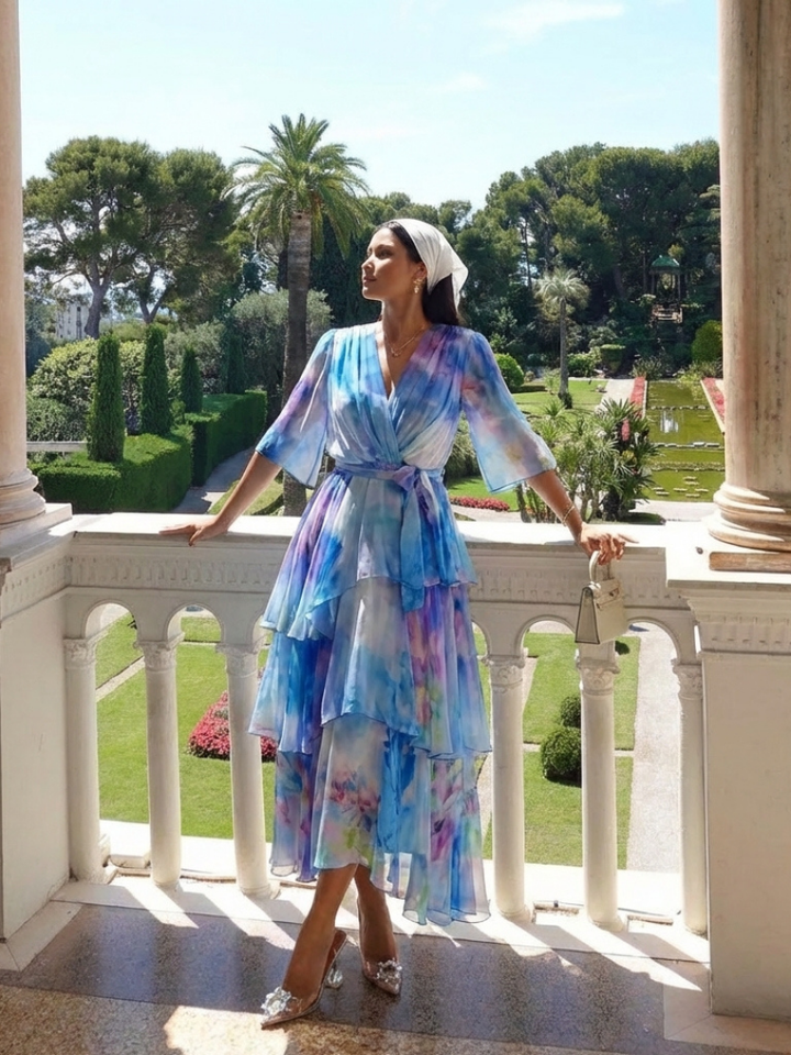 Calista | Sheer Layered V Neck Tie Waist Maxi Dress Local Neighbours Sedona