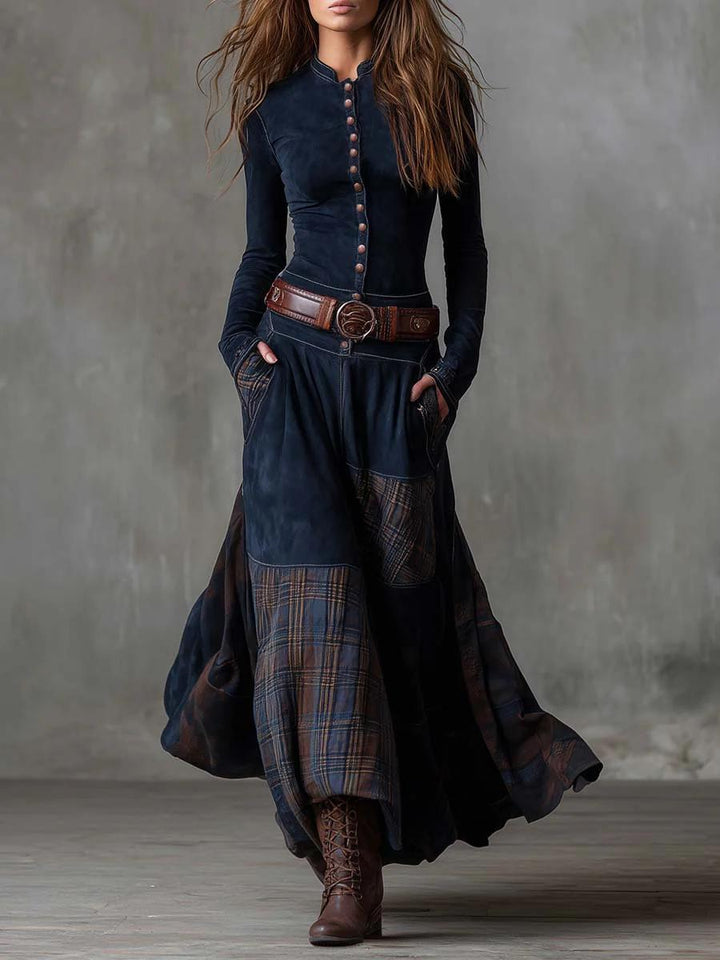 Leonora | Vintage Long Dress in Navy Blue Suede Check (Includes Belt)