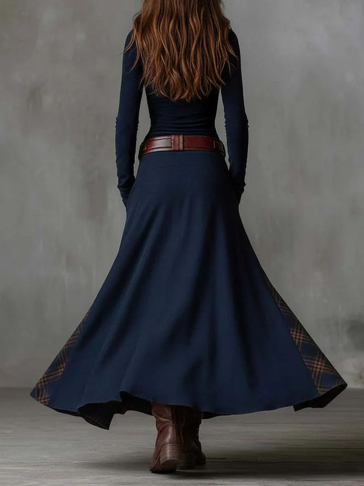 Leonora | Vintage Long Dress in Navy Blue Suede Check (Includes Belt)