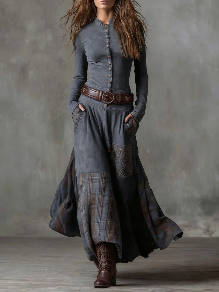 Leonora | Vintage Long Dress in Navy Blue Suede Check (Includes Belt)