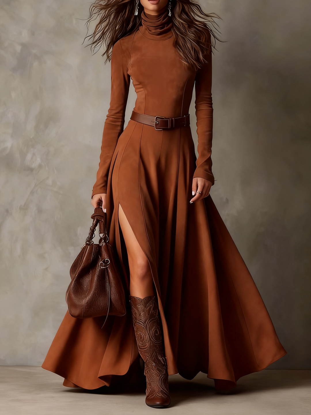 Abito Maxi in Finto Suede con Cintura