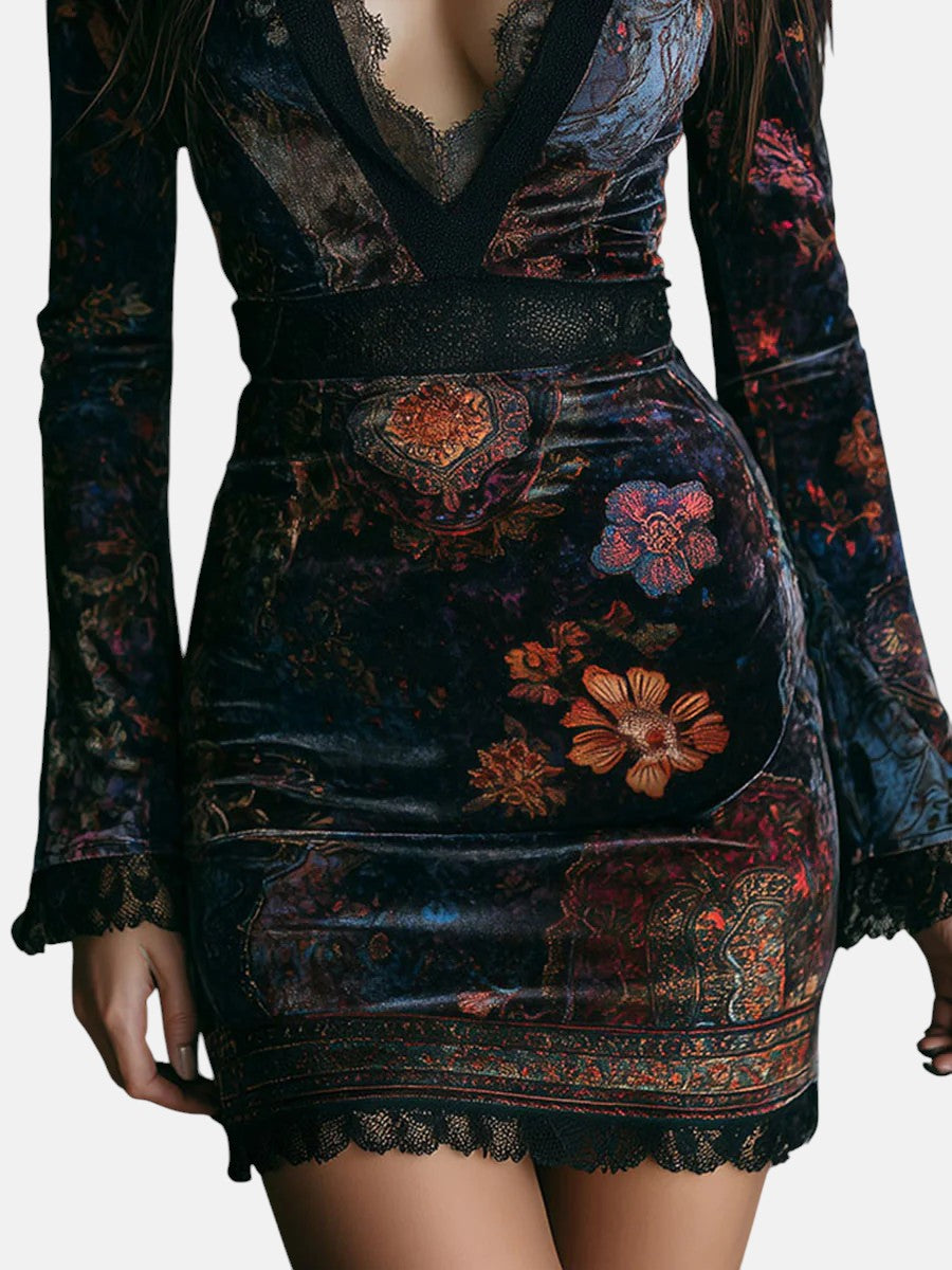 Liora ❘ Mini Velvet Floral Dress with Lace