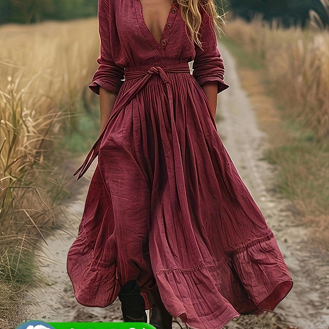 LN1604 Nieuwe Zomer Effen Kleur Puur Lange Mouw Knoopsluiting Kraag Vintage Vakantie Dames Lange Shirt Jurk