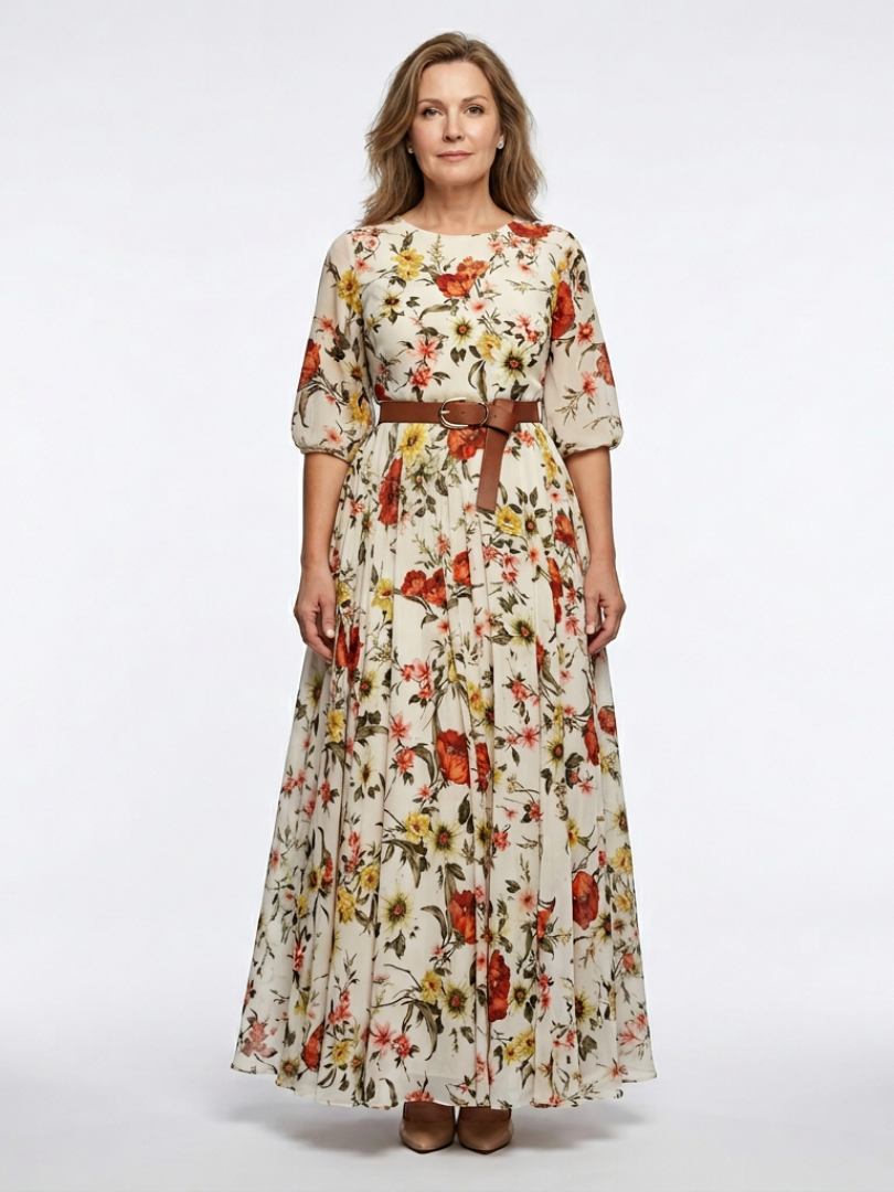 Odelia | Round Neck Three Quarter Sleeve Belted Maxi Dress Local Neighbours Sedona