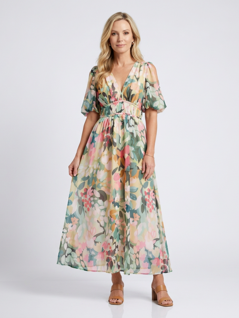 Eulalie | V Neck Short Sleeve Gathered Waist Midi Dress Local Neighbours Sedona