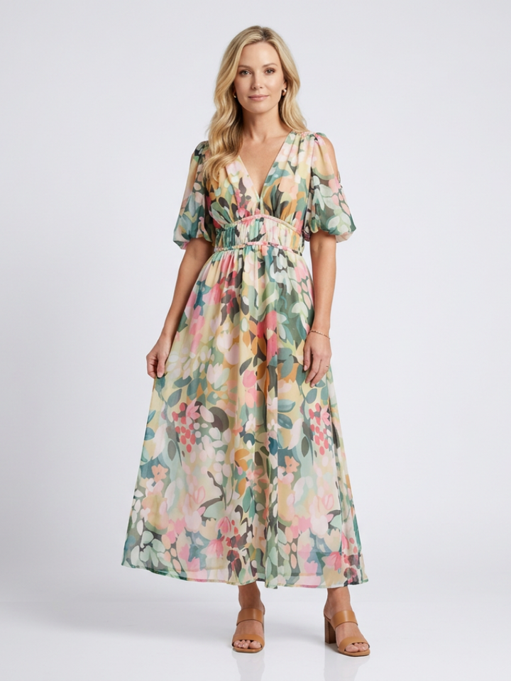 Eulalie | V Neck Short Sleeve Gathered Waist Midi Dress Local Neighbours Sedona