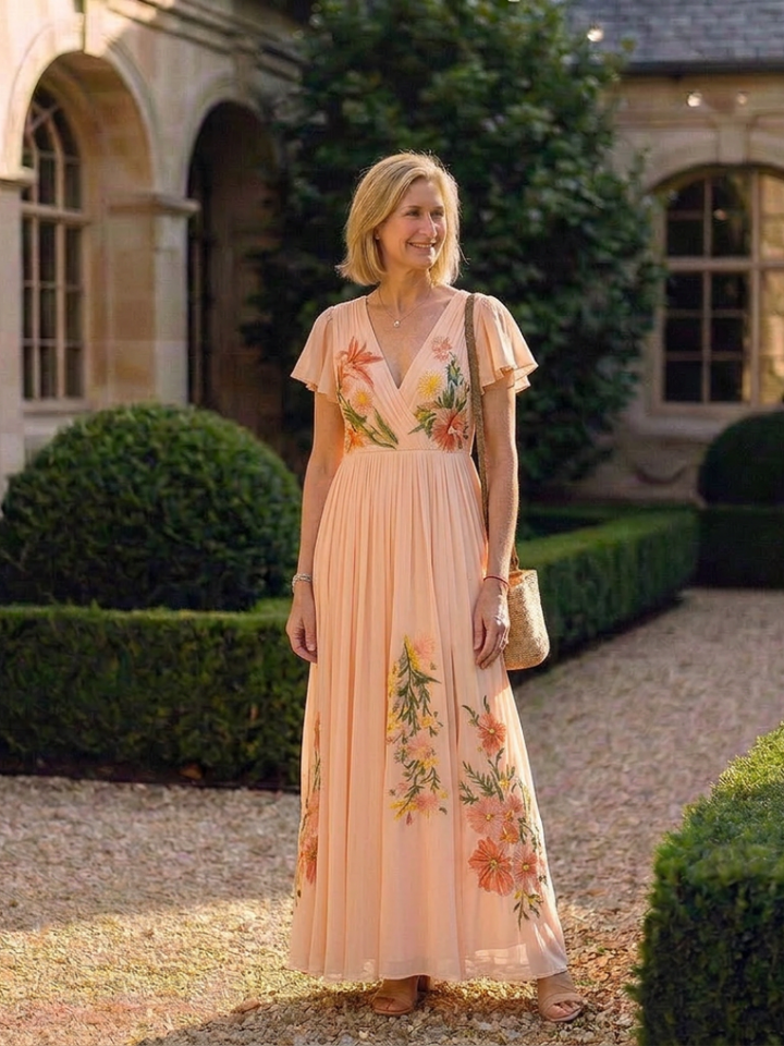 Calista | V Neck Short Sleeve Pleated Floral Maxi Dress Local Neighbours Sedona