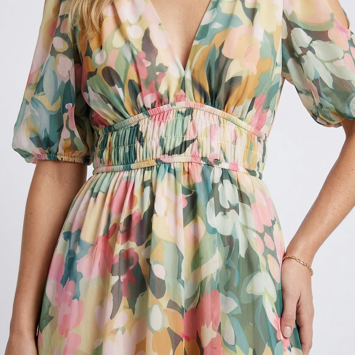 Eulalie | V Neck Short Sleeve Gathered Waist Midi Dress Local Neighbours Sedona
